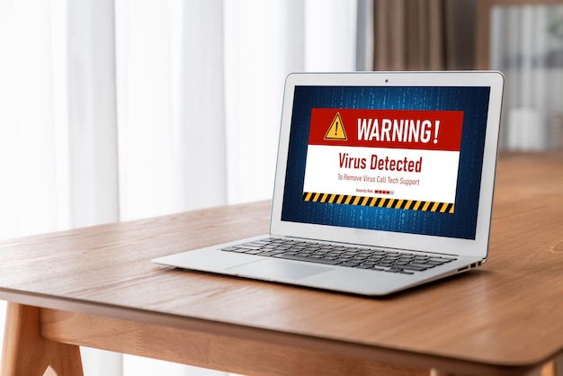 Alerta de advertencia de virus en la pantalla de la computadora detectó una amenaza cibernética moderna