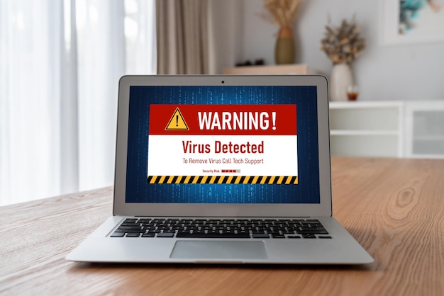 Alerta de advertencia de virus en la pantalla de la computadora detectó el virus informático y el malware de la amenaza cibernética modish hacker.