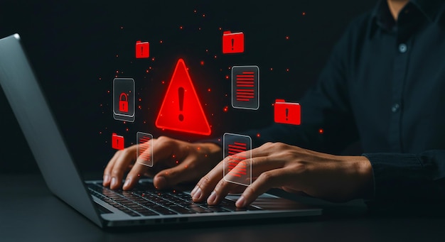 Alerta de amenaza de ciberseguridad de hackers en la computadora portátil con señales de advertencia