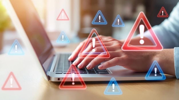 Alerta de amenaza de ciberseguridad Persona que escribe en la computadora portátil con símbolos de advertencia holográficos en la oficina moderna