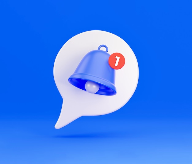 Foto alerta de ícone de sino de mensagem de notificação. balão de fala 3d branco com um sino sobre a notificação de uma chamada e sms. renderização 3d