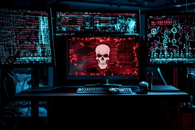 Alerta de Ransomware de Ameaça de Segurança Cibernética com Crânios Backlit nas Telas