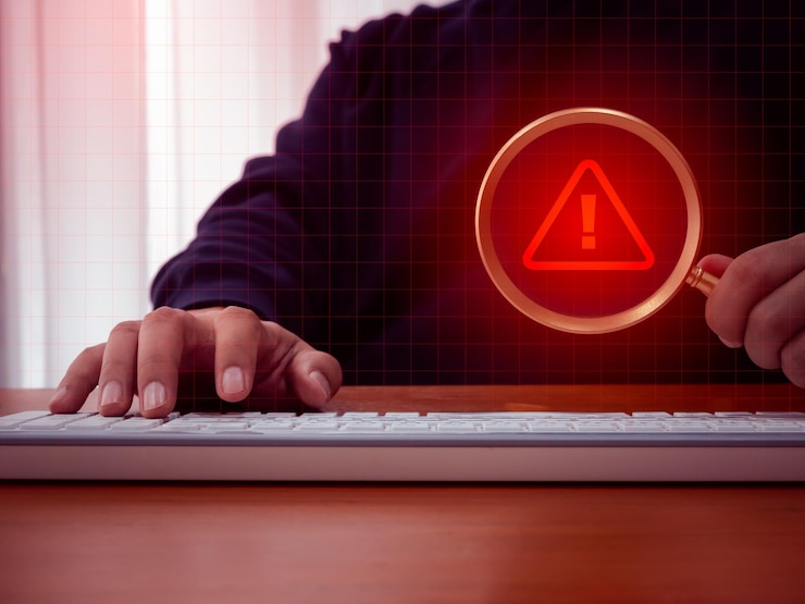 Foto alerta de vírus ícone de triângulo vermelho sistema hackeado sinal de erro atenção de malware símbolo de perigo aviso mostrando em lente de lupa mantida por mão de empresário que trabalha com computador em sala escura