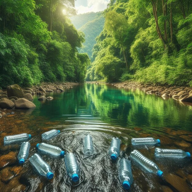 Foto alerta de sostenibilidad la contaminación por plásticos amenaza el medio ambiente de los ríos forestales