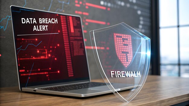 Alerta de violación de datos en la pantalla de la computadora con escudo de cortafuegos