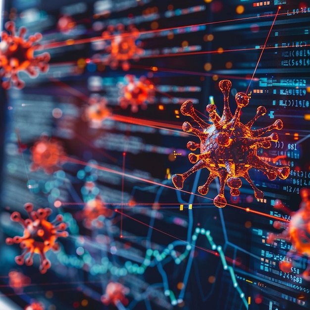 Alerta vívida en la pantalla de la computadora en medio de un ataque cibernético Símbolos de malware entrelazados con cadenas de bloques