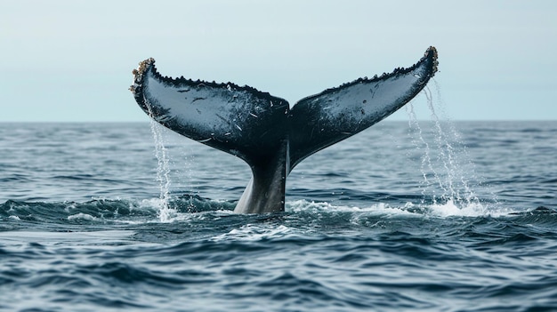 La aleta de la cola de la poderosa ballena jorobada sobre la superficie del océano Generativo Ai