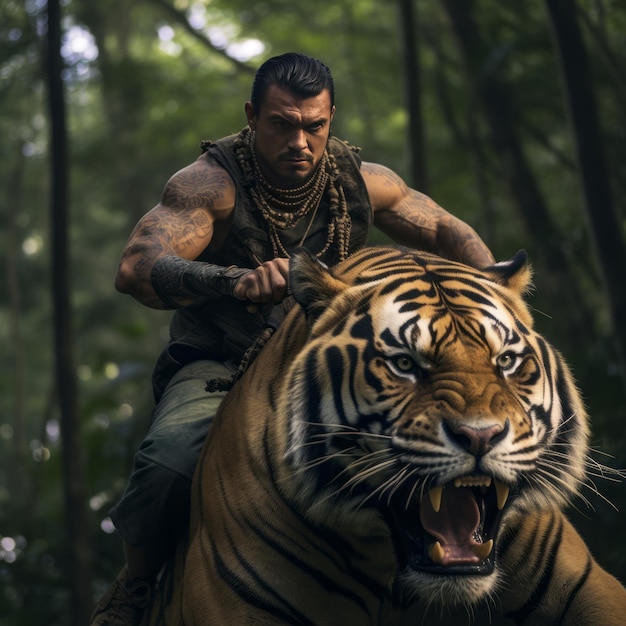 Foto alex pereira domina triunfalmente a un tigre con arco y flecha