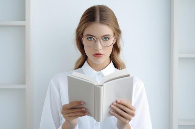 Alfabetização Luminosa Uma jovem radiante segura um livro branco, seu fascínio, iluminado pela luz suave ao seu redor