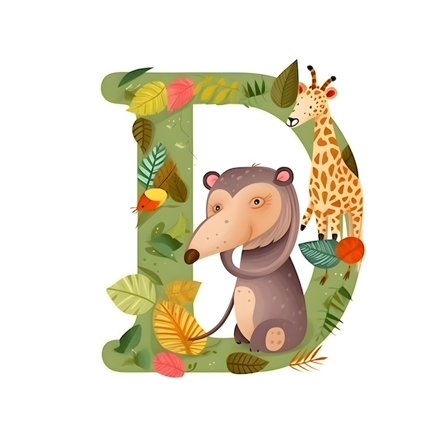 Foto alfabeto animal letra d con simpáticos animales de dibujos animados y hojas ilustración vectorial