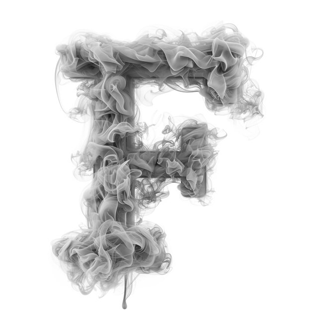 Foto alfabeto cinzento f como forma de fumaça em fundo branco