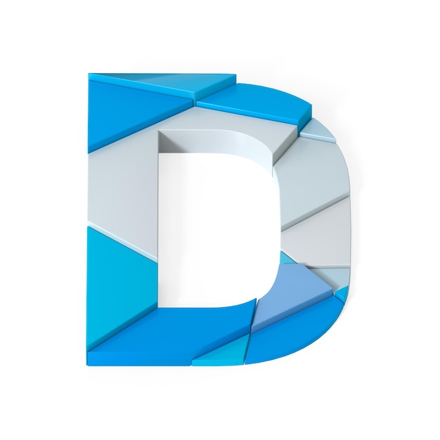 Alfabeto D extrudido multicolor con representación 3D aislada en fondo blanco