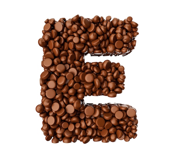 Alfabeto E hecho de chispas de chocolate Piezas de chocolate Alfabeto Letra E Ilustración 3d