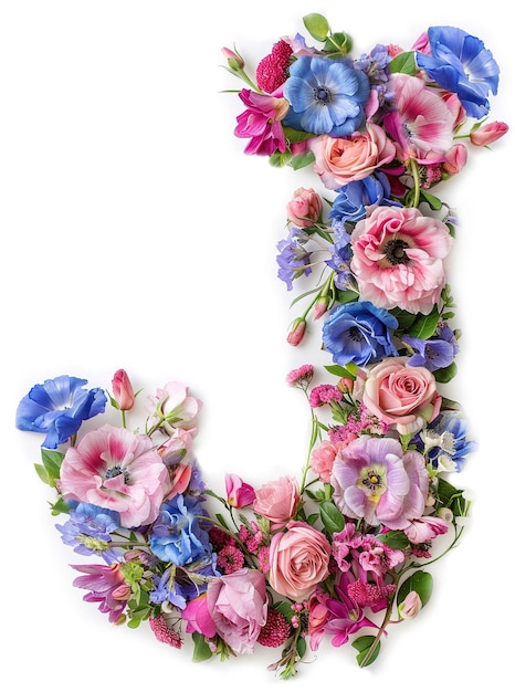 Foto alfabeto floral j hecho de letras florales coloridas sobre fondo blanco