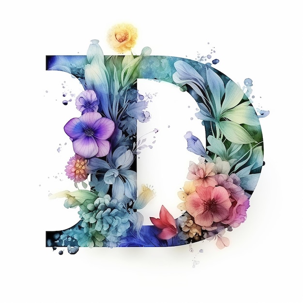 Alfabeto floral letra D sobre fundo branco Belo conceito de fonte de flores em aquarela
