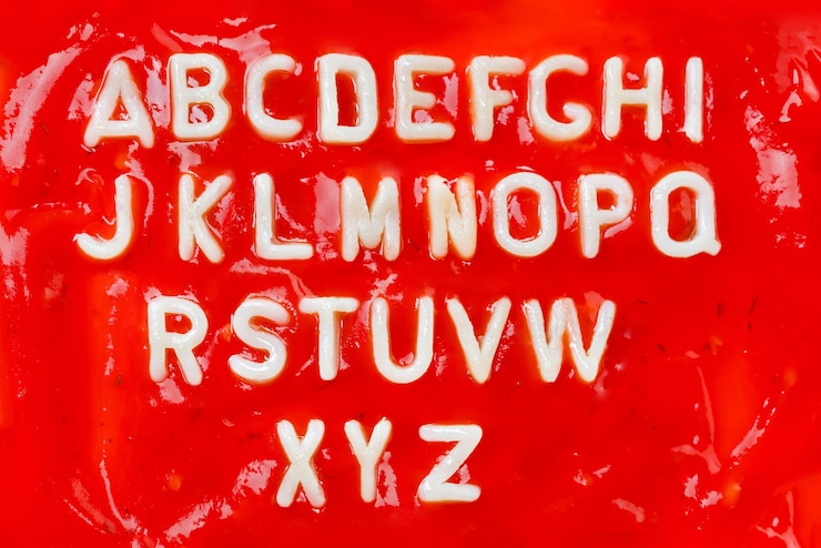 Foto alfabeto inglés hecho de pasta en ketchup rojo