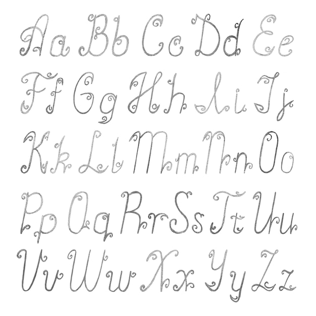 Foto alfabeto latino escovado prata isolado no fundo branco. conjunto de letras latinas de glitter prata exclusivo desenhado à mão.