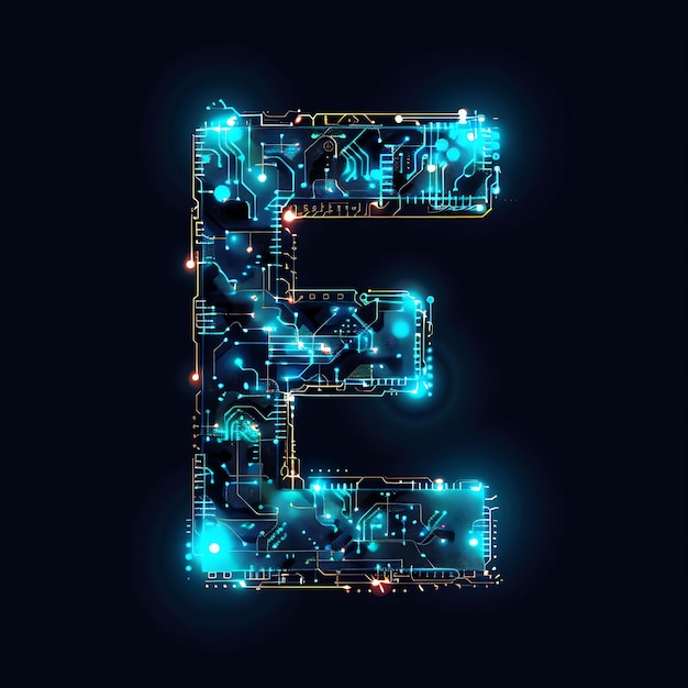 Alfabeto de la letra E incrustado con patrones de circuitos LED de neón y arte de contorno de collage digital Y2K