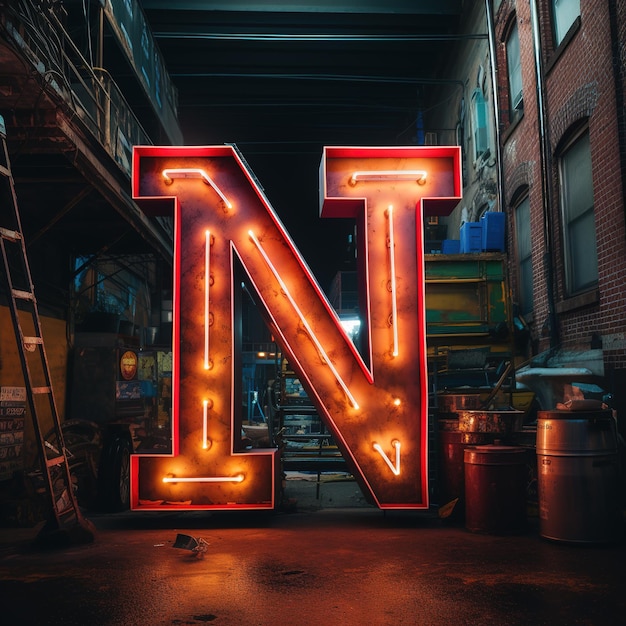Alfabeto letra maiúscula N texto Futurista símbolo de néon brilhante logotipo em fundo grunge escuro