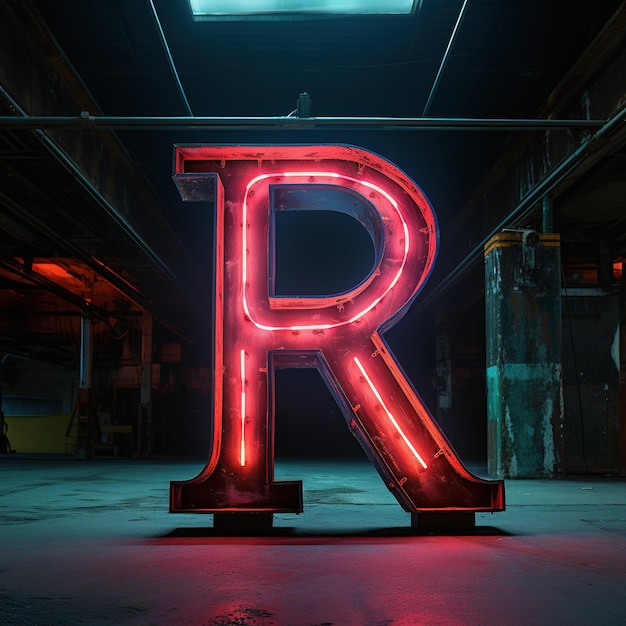 Alfabeto letra maiúscula R texto Futurista símbolo de néon brilhante logotipo em fundo grunge escuro