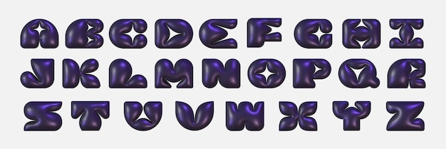Alfabeto metálico preto no estilo Y2K renderização 3D de letras gordinhas textura reflexiva brilhante de plástico Ilustração vetorial