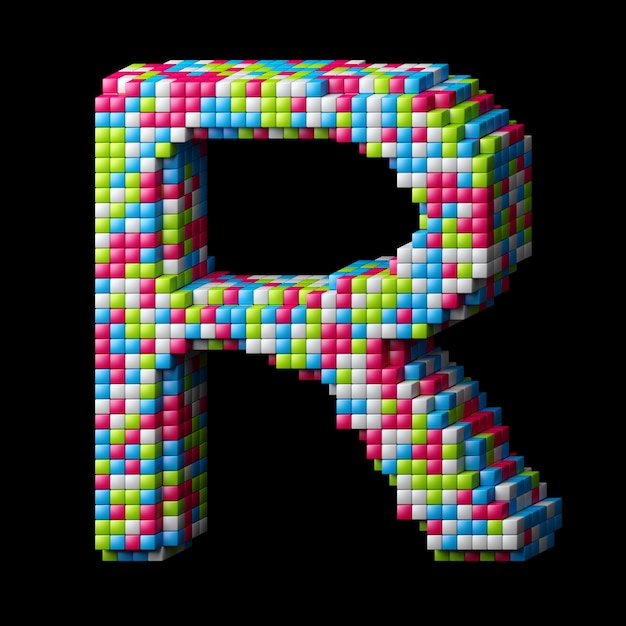 Alfabeto pixelado 3d Letra R hecha de cubos brillantes aislados en negro.