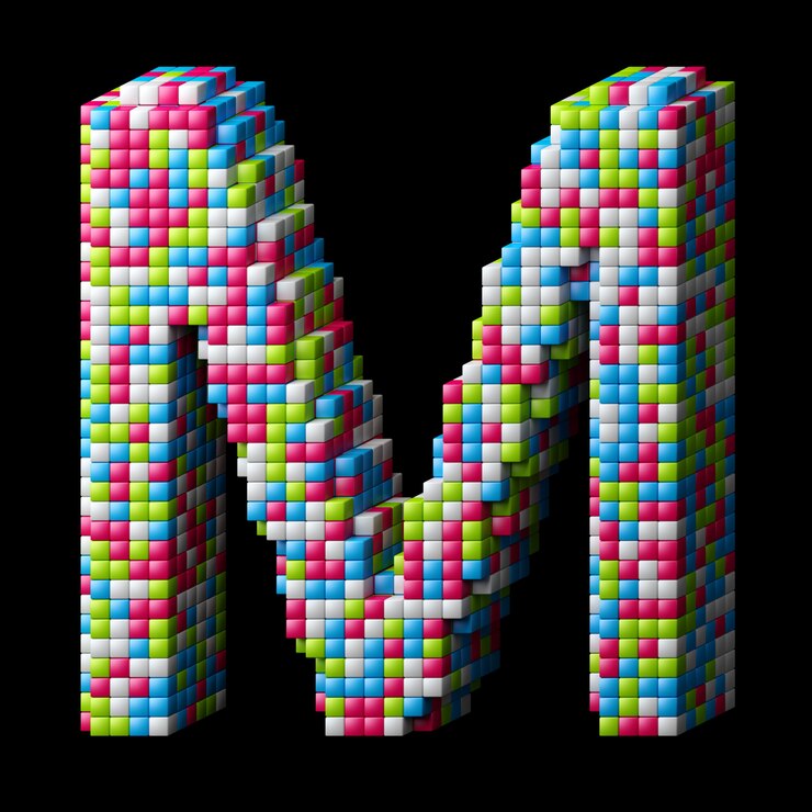 Foto alfabeto pixelated 3d. letra m feita de cubos brilhantes isolados no preto.