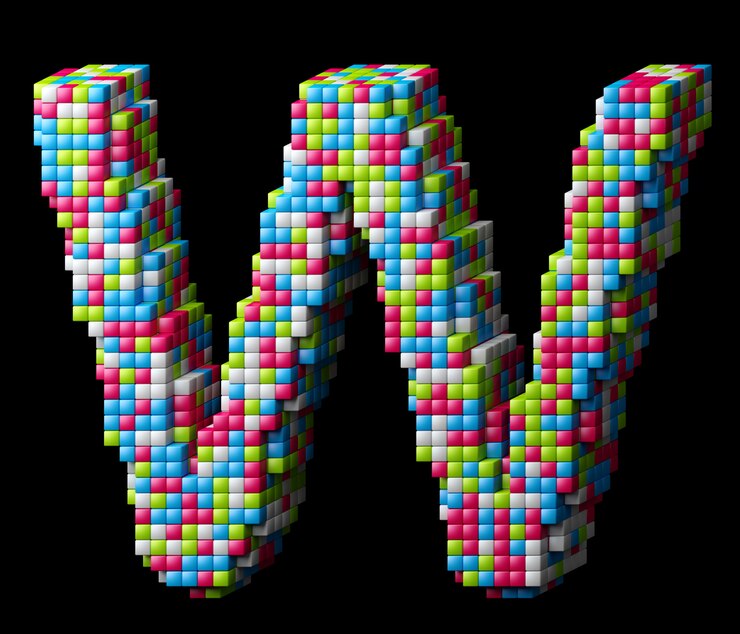 Foto alfabeto pixelated 3d. letra w feita de cubos brilhantes isolados no preto.