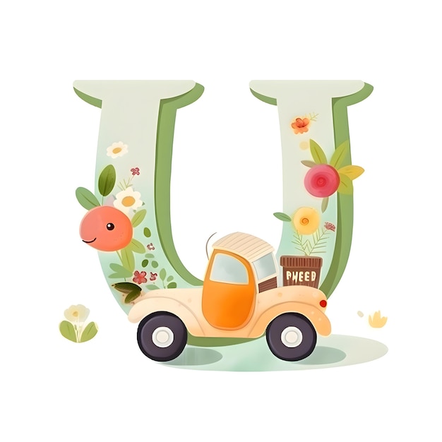 Alfabeto U con lindo coche de dibujos animados y flores ilustración vectorial