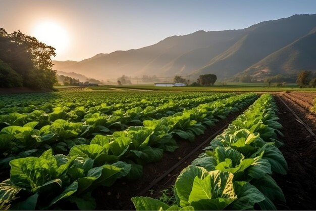 Alface orgânica crescendo em um campo ensolarado Generative Ai