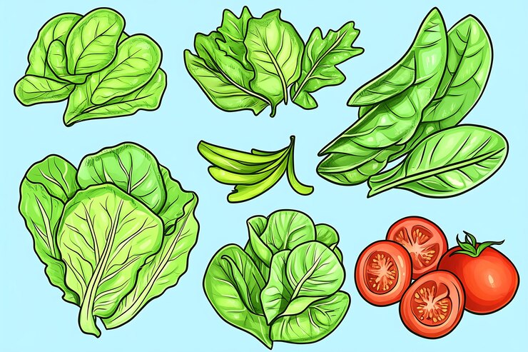 Foto alface verde fresca e tomates vermelhos em um fundo azul claro