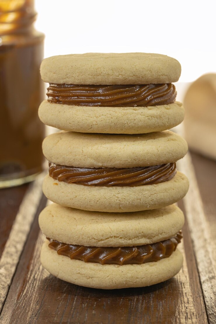 Foto alfajores argentinos feitos com amido de milho recheados com doce de leite