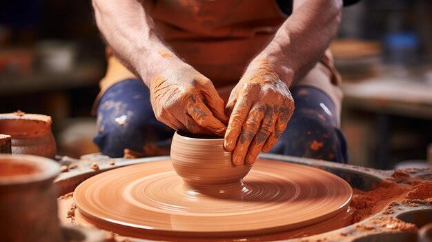 El alfarero da forma hábilmente a las cerámicas a juego en la rueda de cerámica en un vibrante entorno de estudio