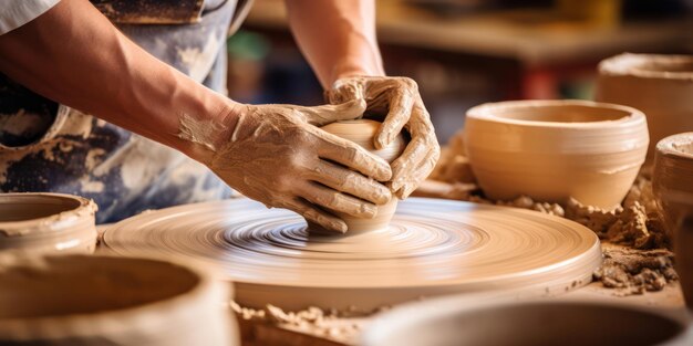 Un alfarero domina el arte de la arcilla Manos hábiles crean un cuenco de cerámica hecho a mano