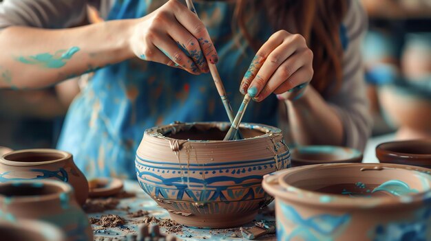 Un alfarero está pintando con un pincel intrincados diseños azules en un cuenco de cerámica