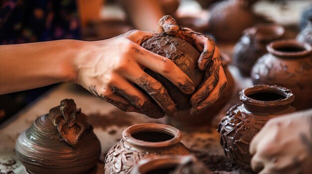 Alfarero modelando una olla de cerámica de arcilla en una rueda de alfarero Artesano girando arcilla