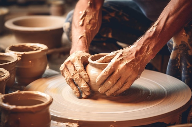 Alfarero trabajando en la rueda de cerámica de cerca de las manos