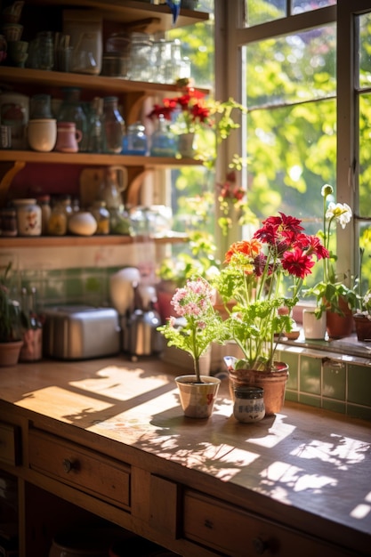 El alféizar de la cocina con flores