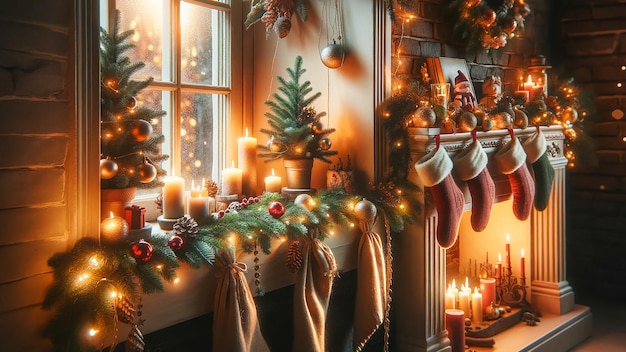 Foto un alféizar de la ventana y una chimenea con temas de navidad