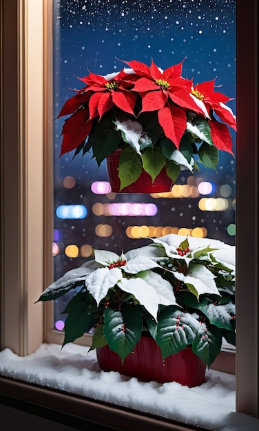 Un alféizar de ventana cubierto de nieve adornado con una flor de pascua con el reflejo de las luces de la ciudad