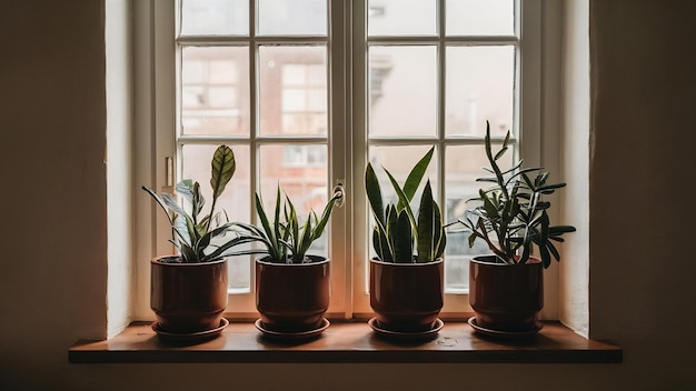 Alféizar de la ventana con plantas interiores en macetas marrones dentro de una habitación