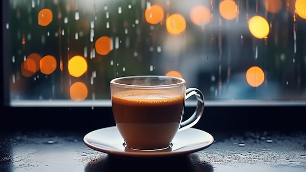 En el alféizar de la ventana una taza de café tiene una gota brillante