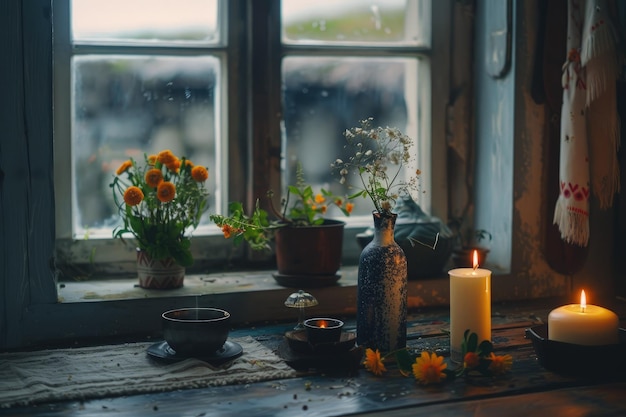 Un alféizar de la ventana con velas y flores en él