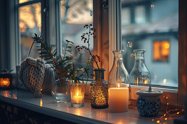 Un alféizar de la ventana con velas y jarrones en él