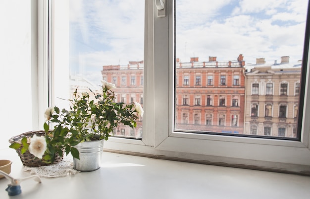 Alféizar de ventana y vista sobre cielo y casas