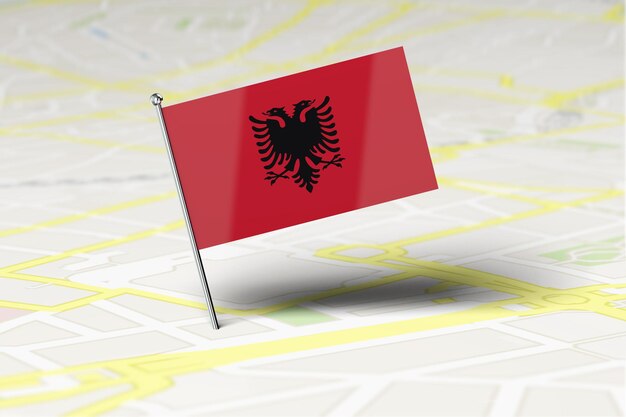 Alfiler de ubicación de la bandera nacional de Albania pegado en un mapa de carreteras de la ciudad 3D Rendering