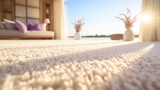 una alfombra con una alfombra blanca con una imagen de una casa y una ventana