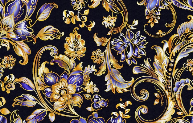 una alfombra azul y dorada con flores y hojas