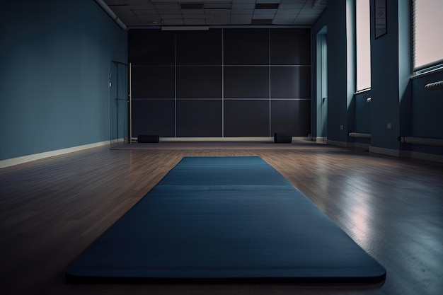 Una alfombra azul en una habitación oscura con una ventana al fondo