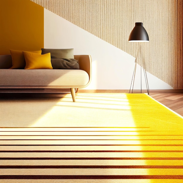 Foto alfombra beige suave con tiras horizontales claras sobre fondo amarillo